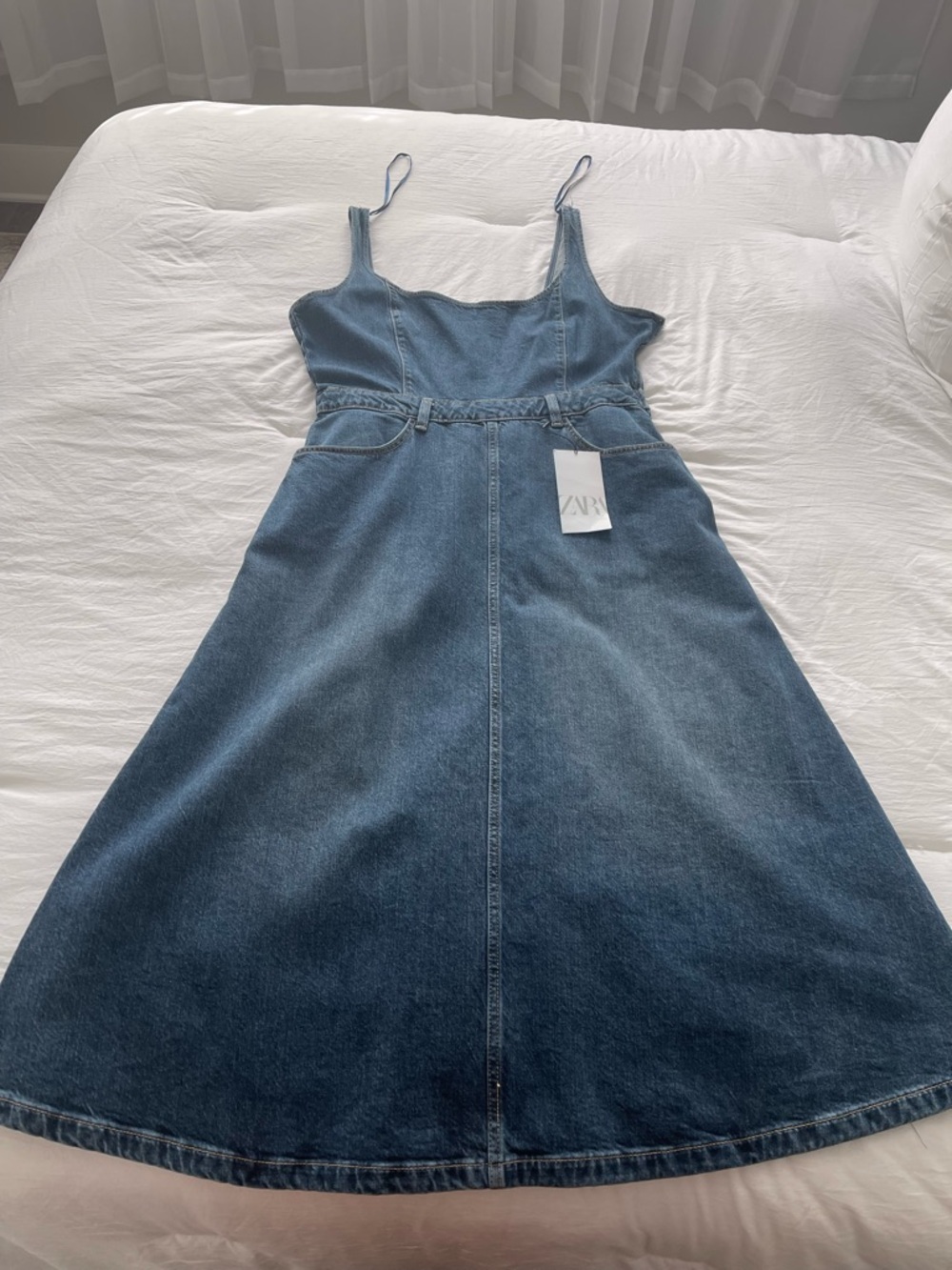 Zara Dark Blue Denim A-Line Midi Dress with Spaghetti Straps